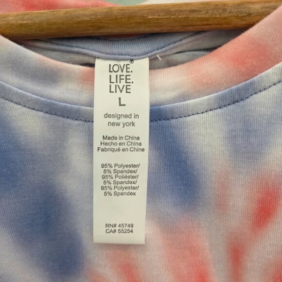 LOVE, LIFE, LIVE CROP T-SHIRT WITH DROP SLEEVE SIZE LARGE BLUE & PINK TIE DYE - Picture 2 of 11